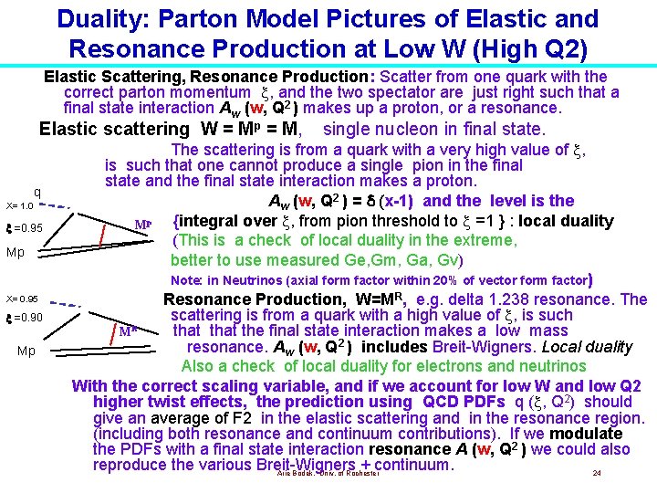 Duality: Parton Model Pictures of Elastic and Resonance Production at Low W (High Q Duality: Parton Model Pictures of Elastic and Resonance Production at Low W (High Q