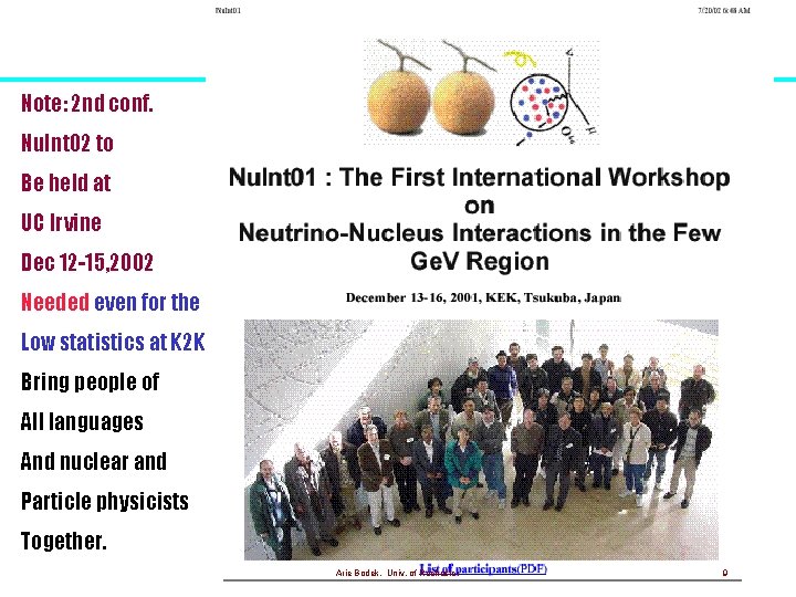 Note: 2 nd conf. Nu. Int 02 to Be held at UC Irvine Dec Note: 2 nd conf. Nu. Int 02 to Be held at UC Irvine Dec