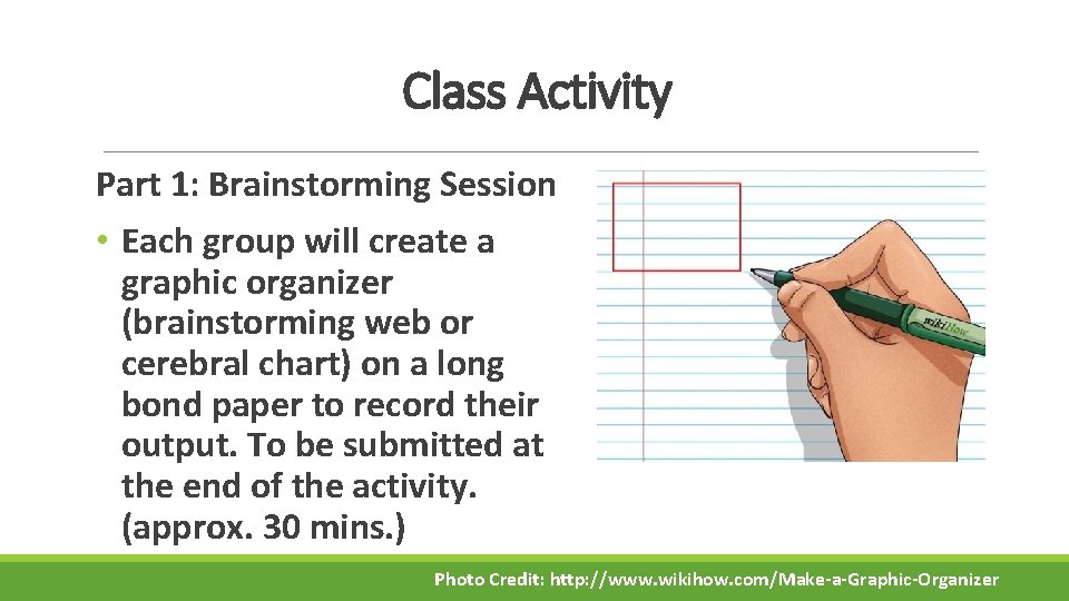 Class Activity Part 1: Brainstorming Session • Each group will create a graphic organizer