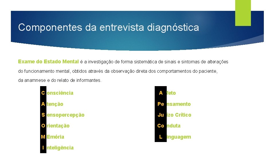 Componentes da entrevista diagnóstica Exame do Estado Mental é a investigação de forma sistemática