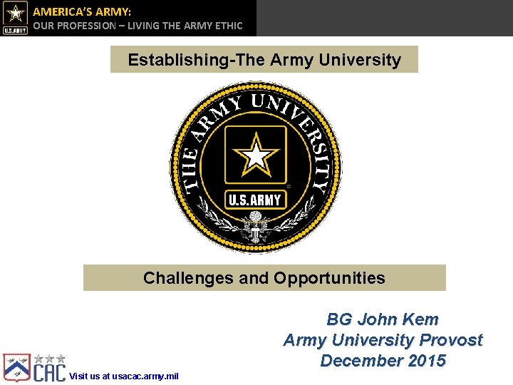 AMERICA’S ARMY: OUR PROFESSION – LIVING THE ARMY ETHIC Establishing-The Army University Challenges and