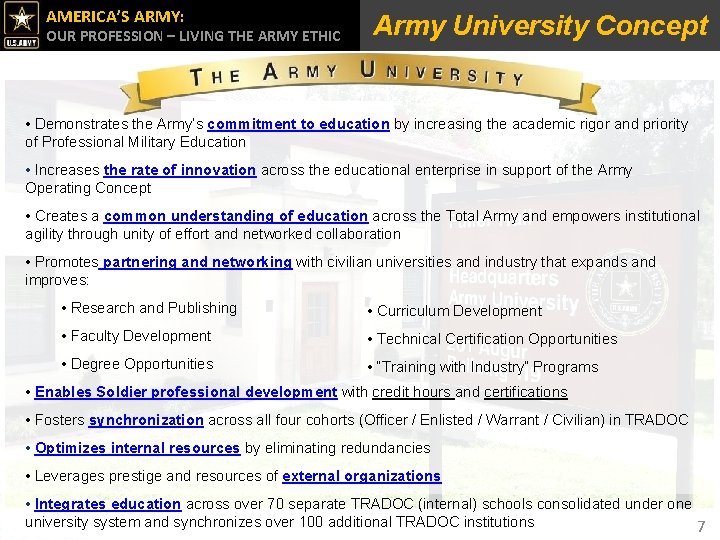 AMERICA’S ARMY: OUR PROFESSION – LIVING THE ARMY ETHIC Army University Concept • Demonstrates