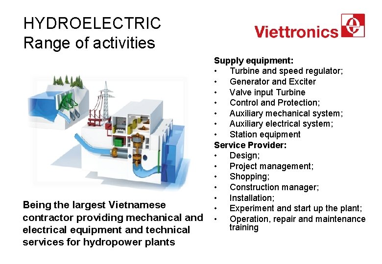 HYDROELECTRIC Range of activities Being the largest Vietnamese contractor providing mechanical and electrical equipment