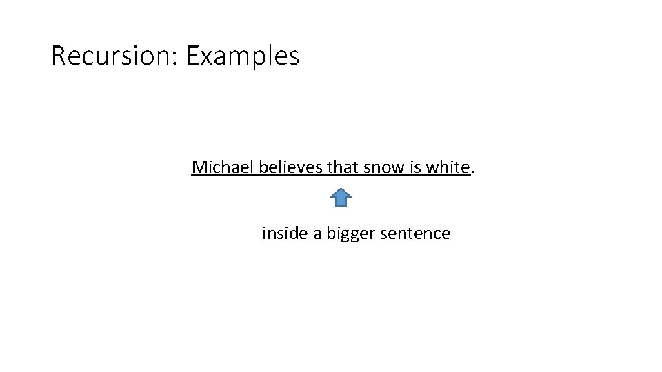 Recursion: Examples Michael believes that snow is white. inside a bigger sentence 