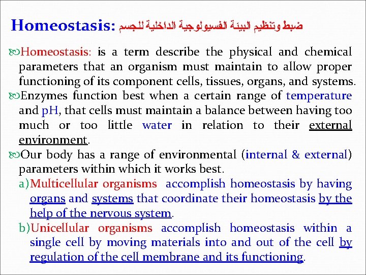 Homeostasis: ﺿﺒﻂ ﻭﺗﻨﻈﻴﻢ ﺍﻟﺒﻴﺌﺔ ﺍﻟﻔﺴﻴﻮﻟﻮﺟﻴﺔ ﺍﻟﺪﺍﺧﻠﻴﺔ ﻟﻠﺠﺴﻢ Homeostasis: is a term describe the physical