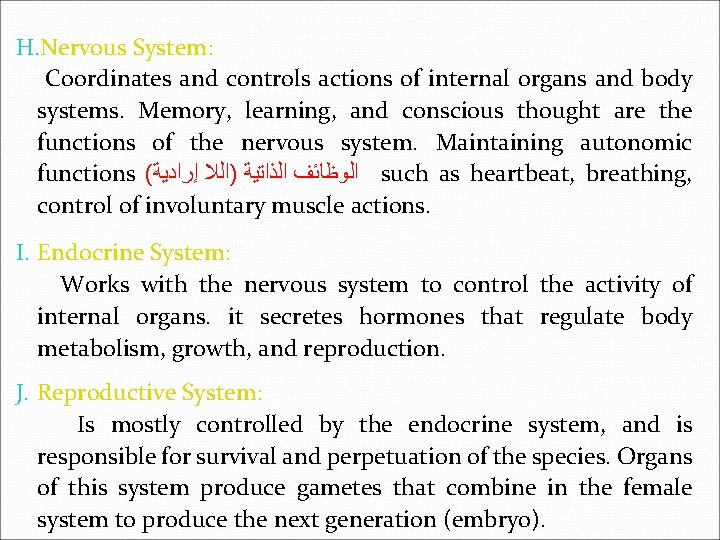 H. Nervous System: Coordinates and controls actions of internal organs and body systems. Memory,