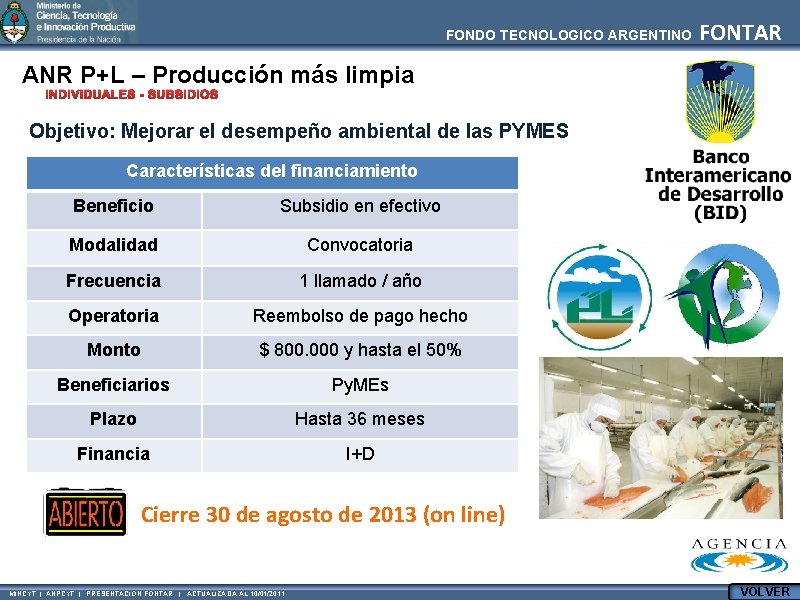 FONDO TECNOLOGICO ARGENTINO FONTAR ANR P+L – Producción más limpia INDIVIDUALES - SUBSIDIOS Objetivo: