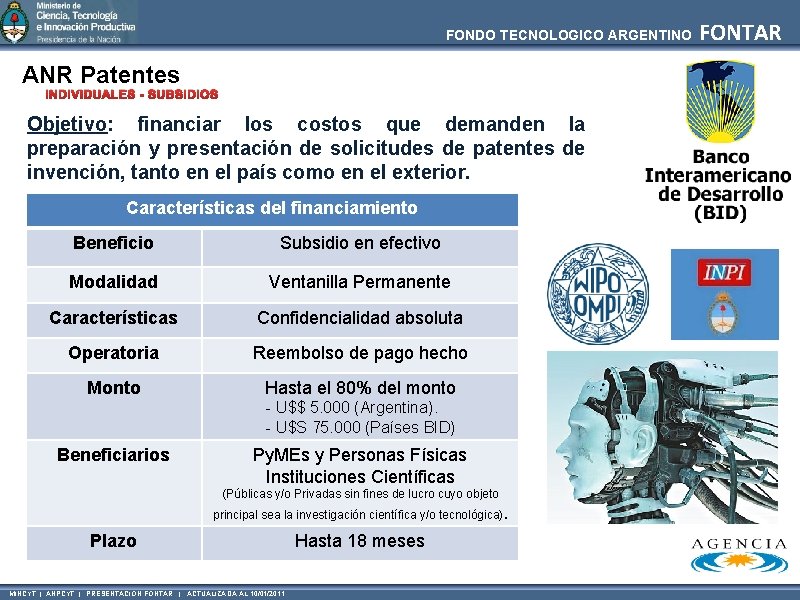 FONDO TECNOLOGICO ARGENTINO ANR Patentes INDIVIDUALES - SUBSIDIOS Objetivo: financiar los costos que demanden