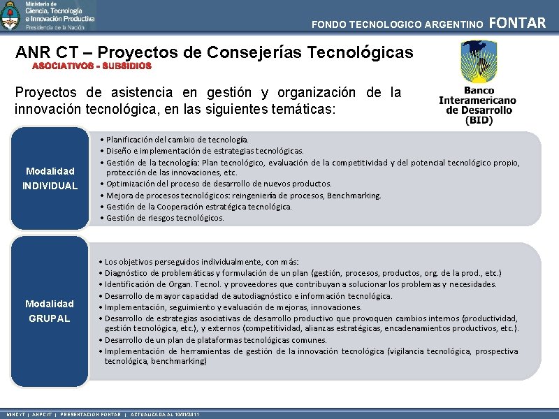 FONDO TECNOLOGICO ARGENTINO FONTAR ANR CT – Proyectos de Consejerías Tecnológicas ASOCIATIVOS - SUBSIDIOS