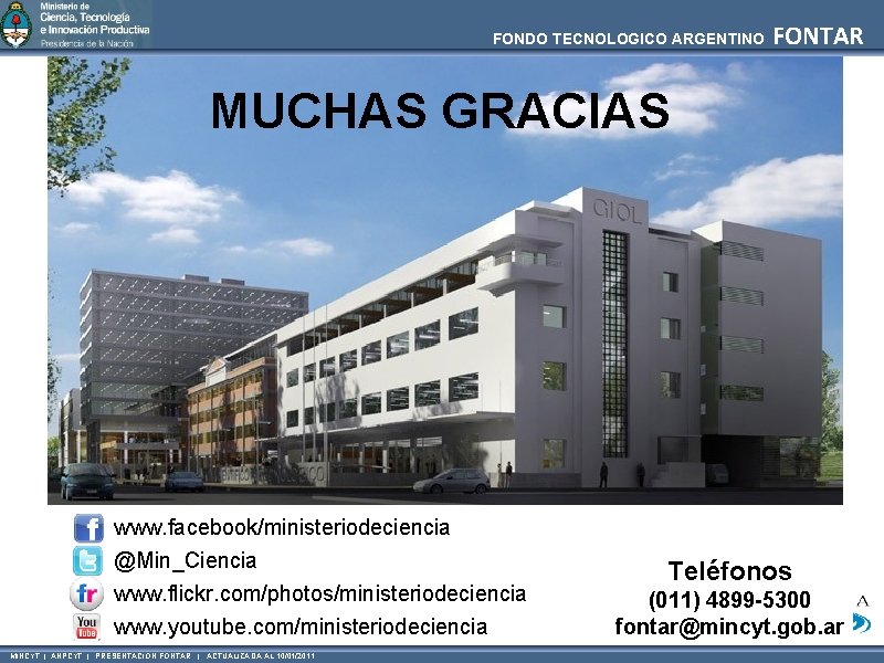 FONDO TECNOLOGICO ARGENTINO FONTAR MUCHAS GRACIAS www. facebook/ministeriodeciencia @Min_Ciencia www. flickr. com/photos/ministeriodeciencia www. youtube.