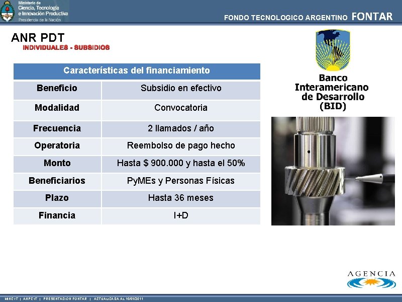 FONDO TECNOLOGICO ARGENTINO ANR PDT INDIVIDUALES - SUBSIDIOS Características del financiamiento Beneficio Subsidio en