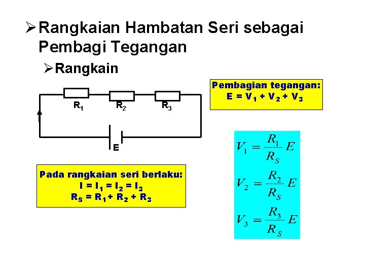 Ø Rangkaian Hambatan Seri sebagai Pembagi Tegangan ØRangkain R 1 R 2 R 3