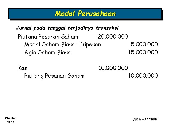 Modal Perusahaan Jurnal pada tanggal terjadinya transaksi Piutang Pesanan Saham 20. 000 Modal Saham Modal Perusahaan Jurnal pada tanggal terjadinya transaksi Piutang Pesanan Saham 20. 000 Modal Saham