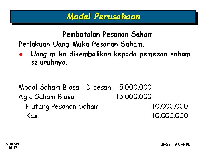 Modal Perusahaan Pembatalan Pesanan Saham Perlakuan Uang Muka Pesanan Saham. l Uang muka dikembalikan Modal Perusahaan Pembatalan Pesanan Saham Perlakuan Uang Muka Pesanan Saham. l Uang muka dikembalikan