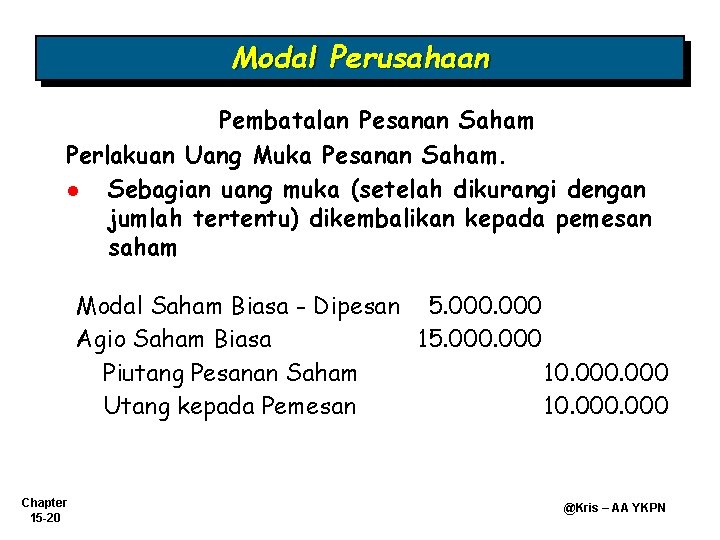 Modal Perusahaan Pembatalan Pesanan Saham Perlakuan Uang Muka Pesanan Saham. l Sebagian uang muka Modal Perusahaan Pembatalan Pesanan Saham Perlakuan Uang Muka Pesanan Saham. l Sebagian uang muka