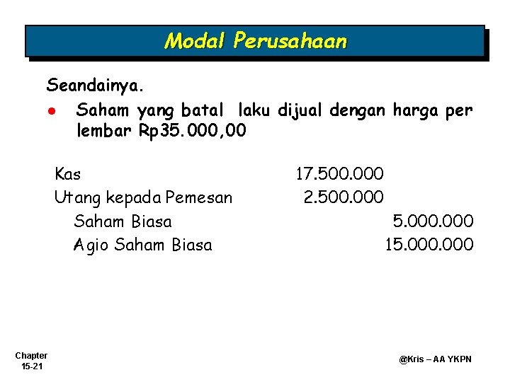 Modal Perusahaan Seandainya. l Saham yang batal laku dijual dengan harga per lembar Rp Modal Perusahaan Seandainya. l Saham yang batal laku dijual dengan harga per lembar Rp