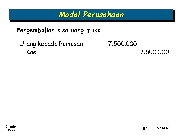 Modal Perusahaan Pengembalian sisa uang muka Utang kepada Pemesan Kas Chapter 15 -22 7. Modal Perusahaan Pengembalian sisa uang muka Utang kepada Pemesan Kas Chapter 15 -22 7.