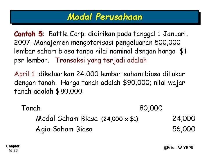 Modal Perusahaan Contoh 5: Battle Corp. didirikan pada tanggal 1 Januari, 2007. Manajemen mengotorisasi Modal Perusahaan Contoh 5: Battle Corp. didirikan pada tanggal 1 Januari, 2007. Manajemen mengotorisasi
