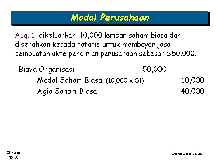 Modal Perusahaan Aug. 1 dikeluarkan 10, 000 lembar saham biasa dan diserahkan kepada notaris Modal Perusahaan Aug. 1 dikeluarkan 10, 000 lembar saham biasa dan diserahkan kepada notaris