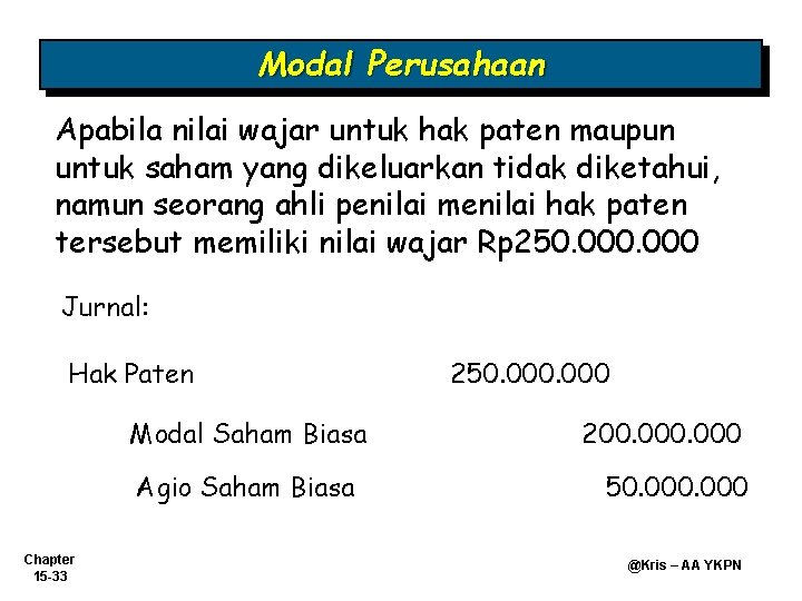 Modal Perusahaan Apabila nilai wajar untuk hak paten maupun untuk saham yang dikeluarkan tidak Modal Perusahaan Apabila nilai wajar untuk hak paten maupun untuk saham yang dikeluarkan tidak
