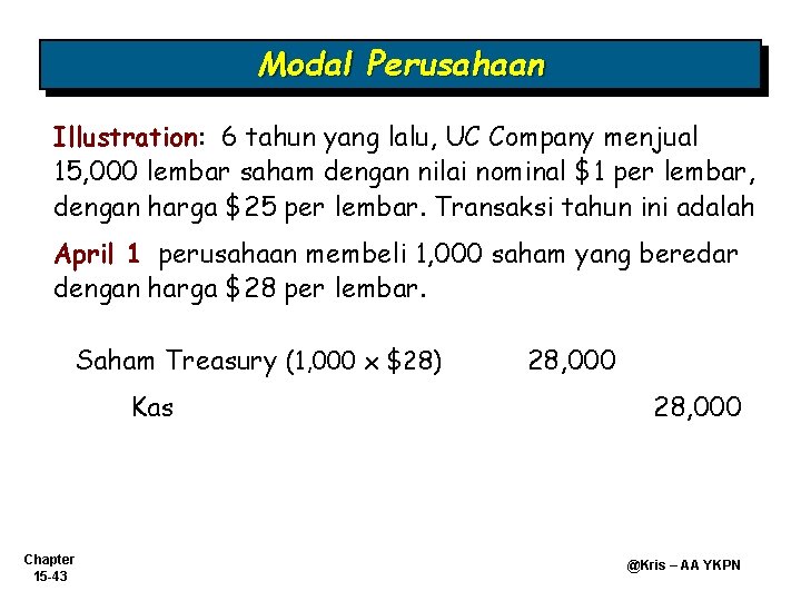 Modal Perusahaan Illustration: 6 tahun yang lalu, UC Company menjual 15, 000 lembar saham Modal Perusahaan Illustration: 6 tahun yang lalu, UC Company menjual 15, 000 lembar saham