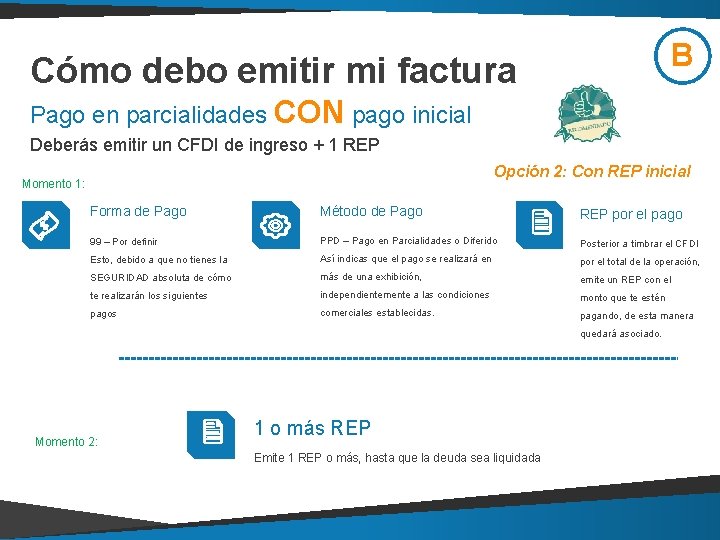 B Cómo debo emitir mi factura Pago en parcialidades CON pago inicial Deberás emitir B Cómo debo emitir mi factura Pago en parcialidades CON pago inicial Deberás emitir