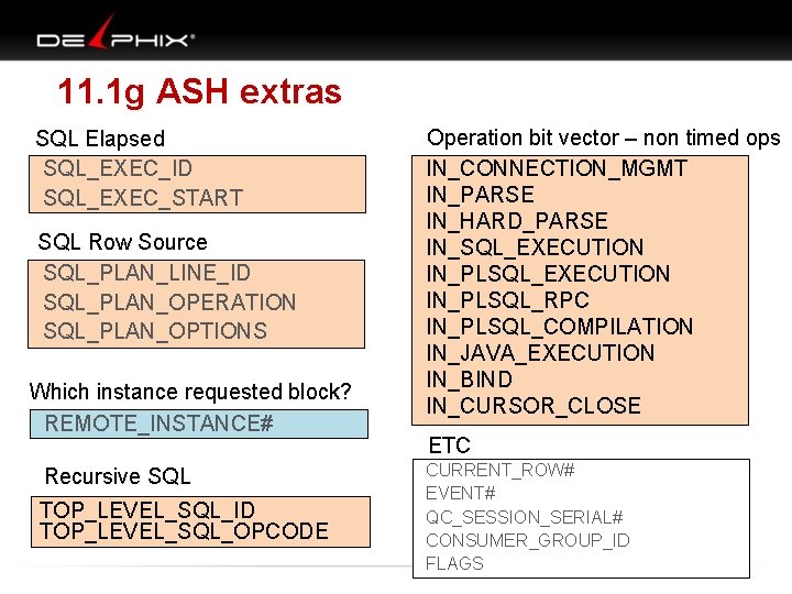 11. 1 g ASH extras SQL Elapsed SQL_EXEC_ID SQL_EXEC_START SQL Row Source SQL_PLAN_LINE_ID SQL_PLAN_OPERATION