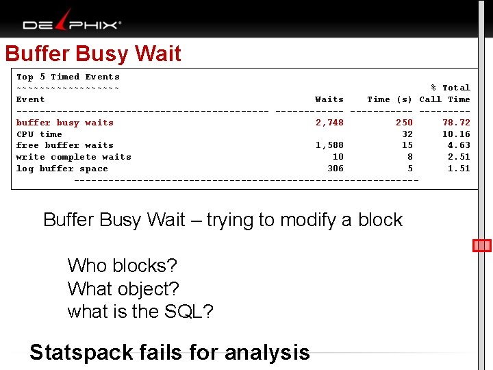 Buffer Busy Wait Top 5 Timed Events ~~~~~~~~~ % Total Event Waits Time (s)