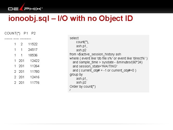 ionoobj. sql – I/O with no Object ID COUNT(*) P 1 P 2 -------