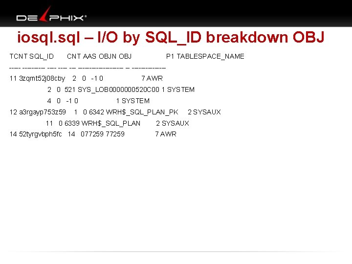 iosql. sql – I/O by SQL_ID breakdown OBJ TCNT SQL_ID CNT AAS OBJN OBJ