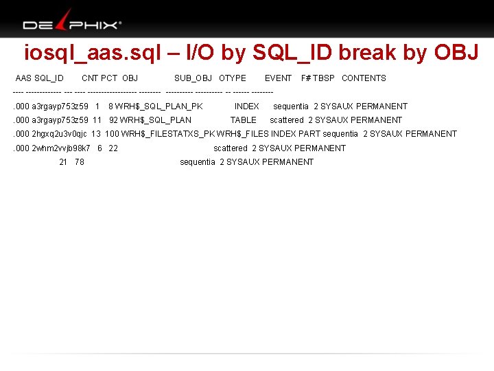 iosql_aas. sql – I/O by SQL_ID break by OBJ AAS SQL_ID CNT PCT OBJ