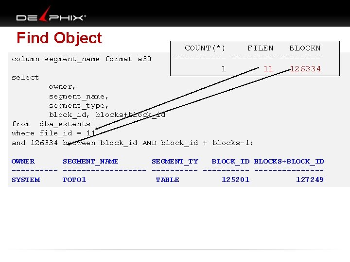 Find Object column segment_name format a 30 select COUNT(*) FILEN BLOCKN ----- -------1 11