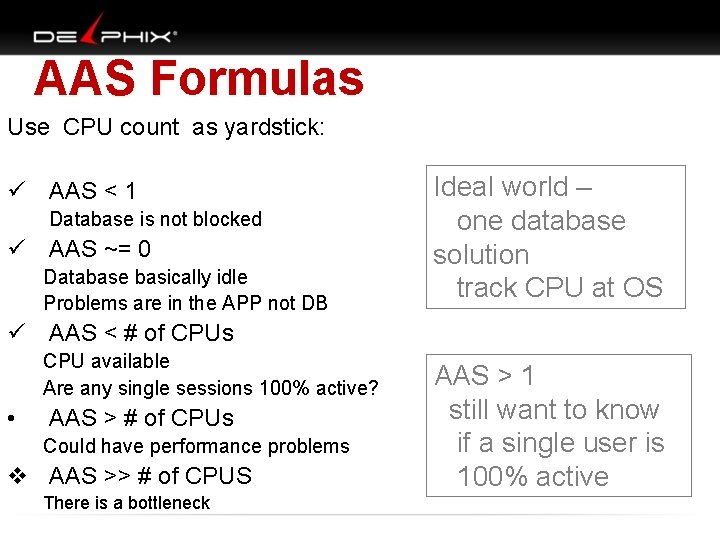AAS Formulas Use CPU count as yardstick: ü AAS < 1 Database is not