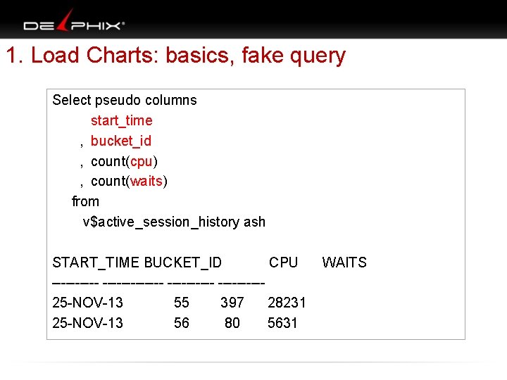 1. Load Charts: basics, fake query Select pseudo columns start_time , bucket_id , count(cpu)