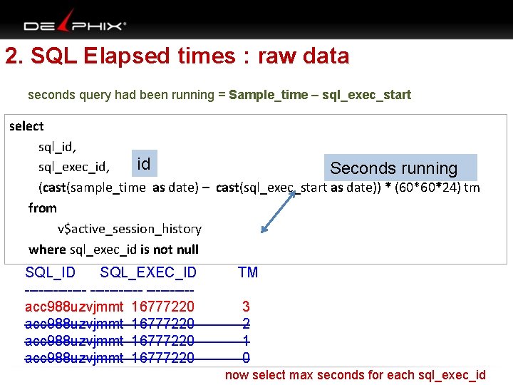 2. SQL Elapsed times : raw data seconds query had been running = Sample_time