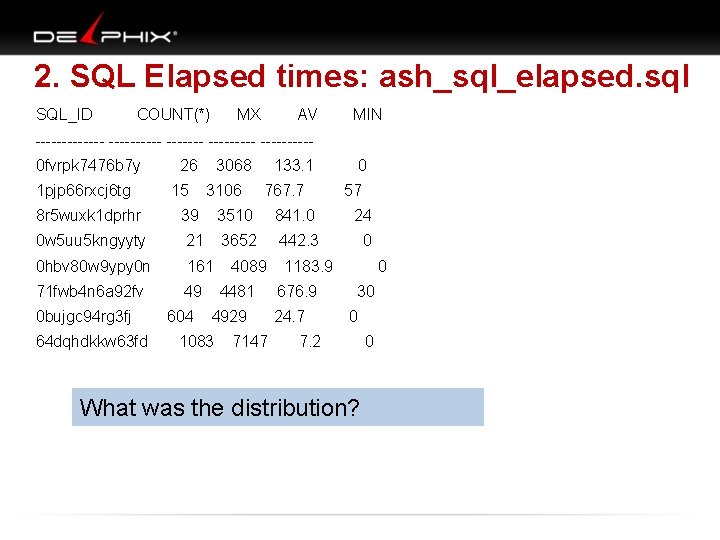 2. SQL Elapsed times: ash_sql_elapsed. sql SQL_ID COUNT(*) MX AV MIN ------- ---------0 fvrpk