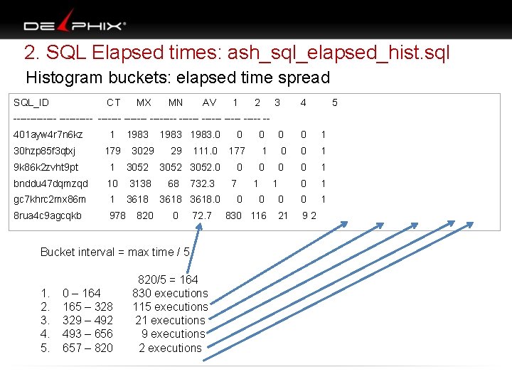 2. SQL Elapsed times: ash_sql_elapsed_hist. sql Histogram buckets: elapsed time spread SQL_ID CT MX