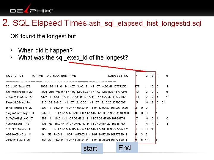  2. SQL Elapsed Times ash_sql_elapsed_hist_longestid. sql OK found the longest but • When
