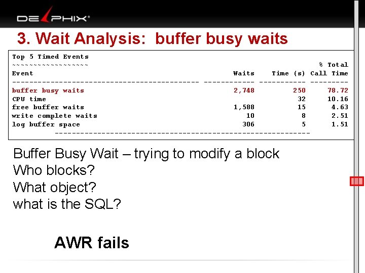 3. Wait Analysis: buffer busy waits Top 5 Timed Events ~~~~~~~~~ % Total Event