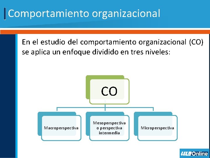 Comportamiento organizacional En el estudio del comportamiento organizacional (CO) se aplica un enfoque dividido