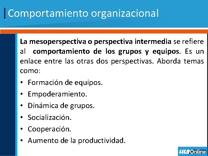 Comportamiento organizacional La mesoperspectiva o perspectiva intermedia se refiere al comportamiento de los grupos