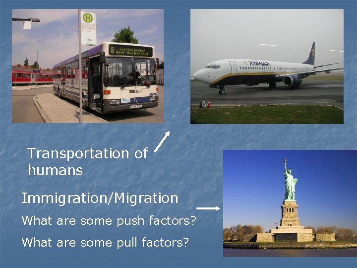 Transportation of humans Immigration/Migration What are some push factors? What are some pull factors?