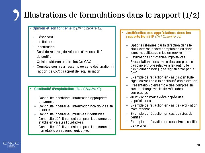 Illustrations de formulations dans le rapport (1/2) • Opinion et son fondement (NI. I
