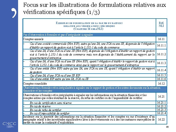 Focus sur les illustrations de formulations relatives aux vérifications spécifiques (1/3) EXEMPLES DE FORMULATION