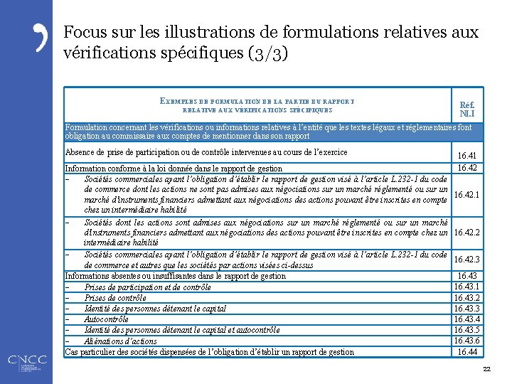 Focus sur les illustrations de formulations relatives aux vérifications spécifiques (3/3) EXEMPLES DE FORMULATION