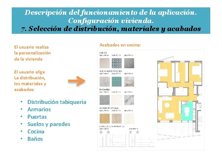 Descripción del funcionamiento de la aplicación. Configuración vivienda. 7. Selección de distribución, materiales y