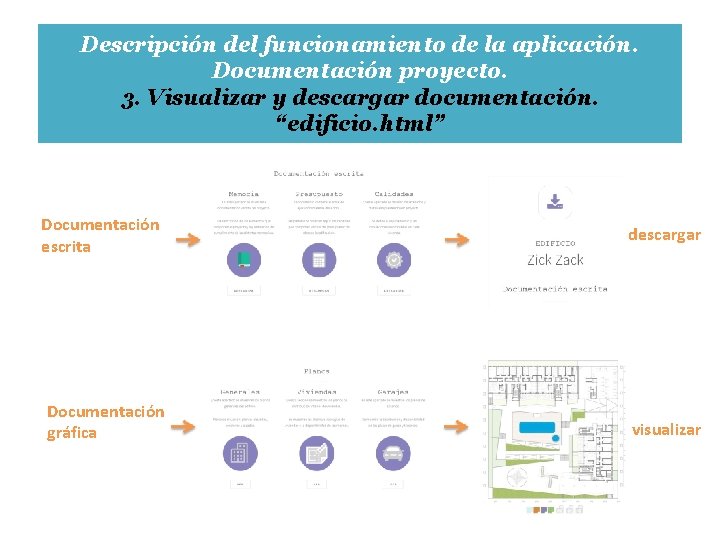 Descripción del funcionamiento de la aplicación. Documentación proyecto. 3. Visualizar y descargar documentación. “edificio.