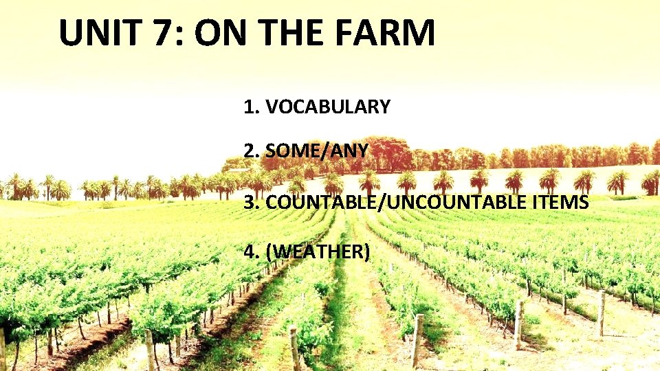 UNIT 7: ON THE FARM 1. VOCABULARY 2. SOME/ANY 3. COUNTABLE/UNCOUNTABLE ITEMS 4. (WEATHER)