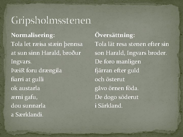 Gripsholmsstenen Normalisering: Tola let ræisa stæin þennsa at sun sinn Harald, broður Ingvars. Þæi.