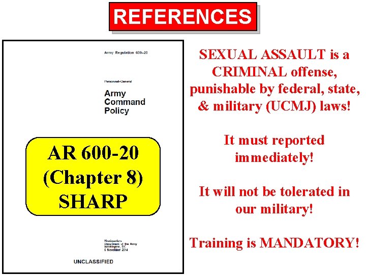 REFERENCES SEXUAL ASSAULT is a CRIMINAL offense, punishable by federal, state, & military (UCMJ)